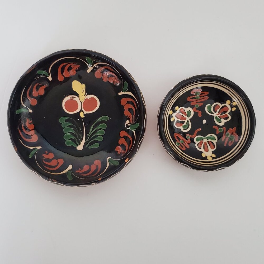 Vintage European Clay Pottery Dishes Trinket Bowls Hand Painted Handmade 2pc set